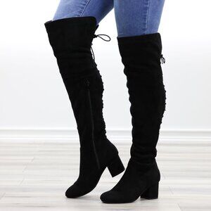 Black Over The Knee Boots Lace Up Back Side Zip Low Chunky Heel Faux Suede